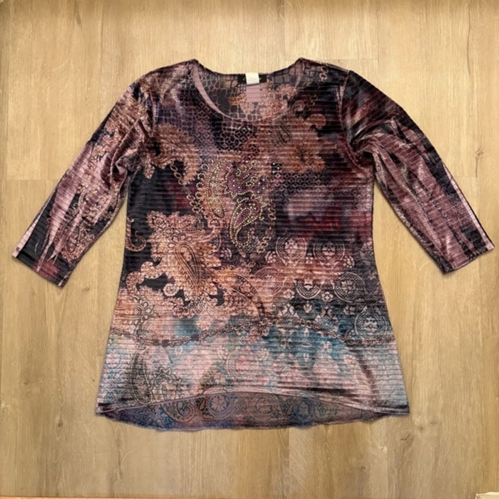 Only Nine Paisley Velvet Y2K Tunic Top L Rhinestone Boho Blouse
